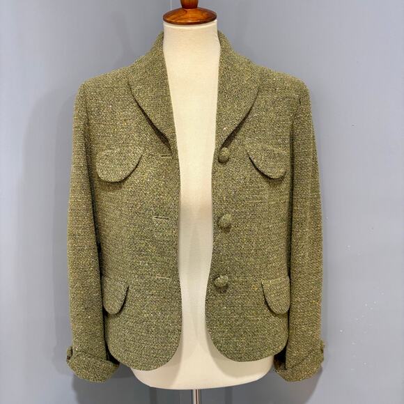 American Vintage Jackets & Blazers - Vintage Fall Green Tweed Blazer w/Funky Floral Print Liner, Size 8P
